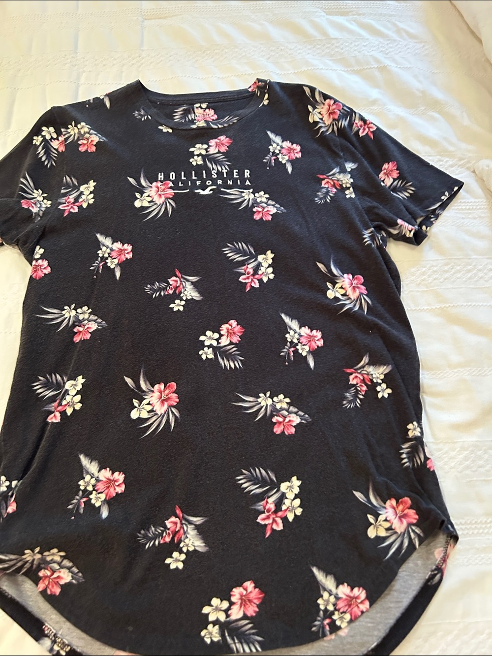 Hollister Black Floral Crewneck Tee with Pink & Cream Blooms